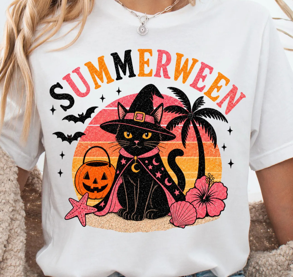 Summerween Cat Shirt, Black Cat Witch Halloween Beach Tee, Spooky Summer Shirts